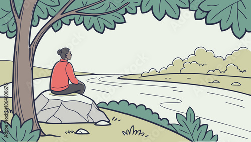 Digital detox illustration of lakeside relaxation with chair hat and peaceful view