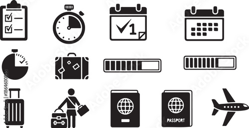 Travel planning and preparation icons in black and white