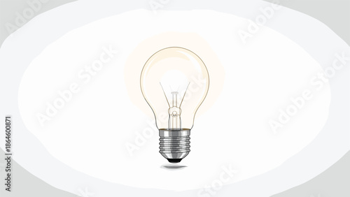Classic incandescent light bulb shining with a warm bright glow against a soft white and grey circular background gradient.