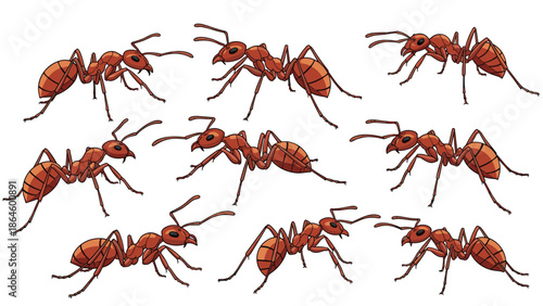Multiple red ants shown in different positions and walking postures arranged in a grid on a clean white background.