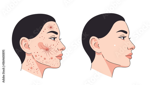 Side profile of a woman's face illustrating the transformation from acne-prone skin to a clear healthy complexion.