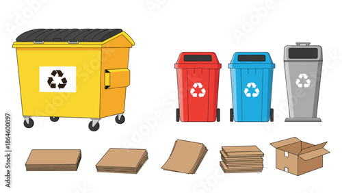 Waste management equipment featuring a large yellow dumpster, colorful recycling bins, and stacks of cardboard boxes.