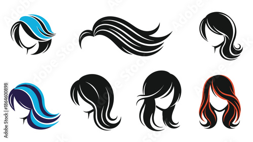 Stylized icons showing a variety of female hairstyles ranging from short bobs to long flowing locks in black and blue colors.