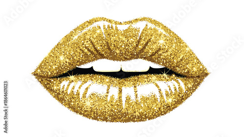 Glamorous close-up of female lips adorned with shimmering gold glitter, slightly parted to reveal bright white teeth.