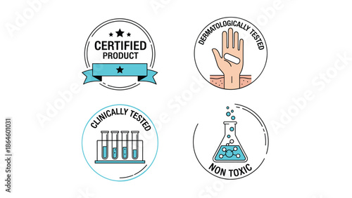 Set of four quality assurance labels for products including certified, dermatologically tested, and non-toxic icons.