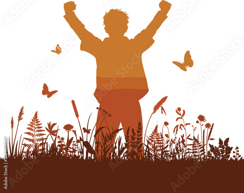 Silhouette of a happy child celebrating in a summer meadow with butterflies, sunset nature background for freedom and childhood joy