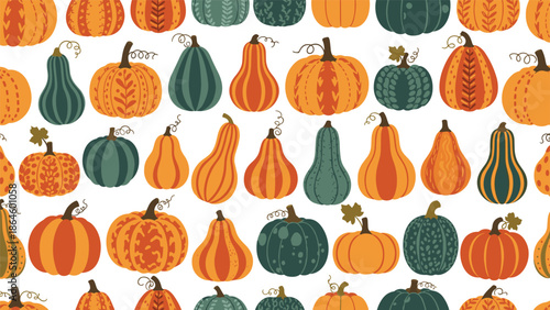 Vibrant seamless pattern background featuring an assortment of colorful pumpkins and decorative gourds in autumn hues.