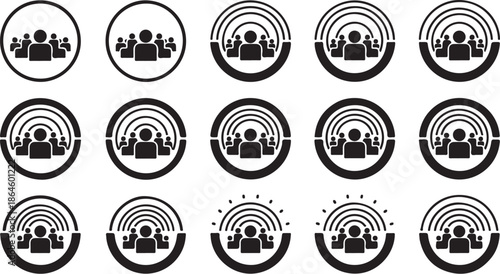 Black and white icons of people in communication circles