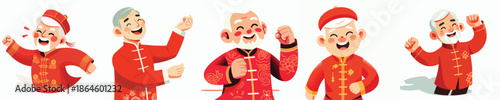 vector half body of a grandfather dancing happily celebrating Chinese New Year