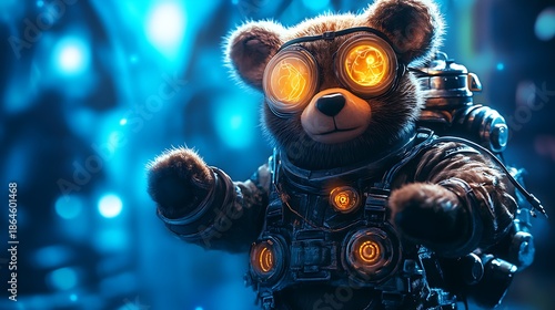 Teddy bear as a time traveler with glowing futuristic gear on blue lights background