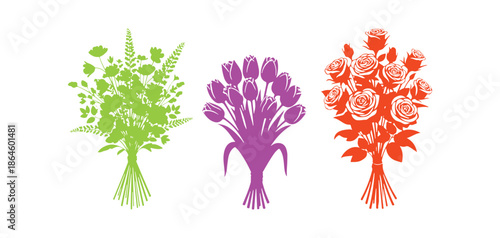 Flower arrangements. An arrangement of garden flowers, an arrangement of tulips, an arrangement of roses. Vector assortment of floral designs. Great for March 8, Mother's Day, invitations, greeting ca