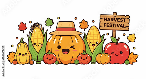 Harvest festival cartoon with smiling pumpkin and corn