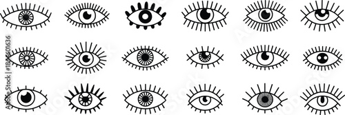 Stylized eye icon collection, abstract vision symbols, black white vector illustration set for logo, tattoo, branding, graphic design use projects
