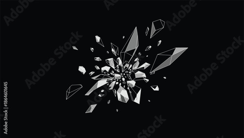 Dynamic illustration of grey crystal shards and geometric fragments exploding outward from a central point on black.