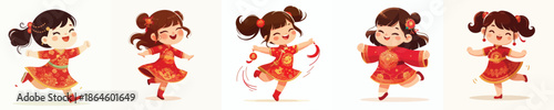 vector of a little girl dancing happily celebrating Chinese New Year