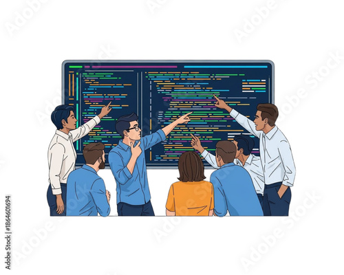Diverse Business Team Analyzing Code on Large Screen, Software Developers Collaboration, Agile Sprint Planning Meeting, Programming Data Visualization, Tech Startup Office Illustration