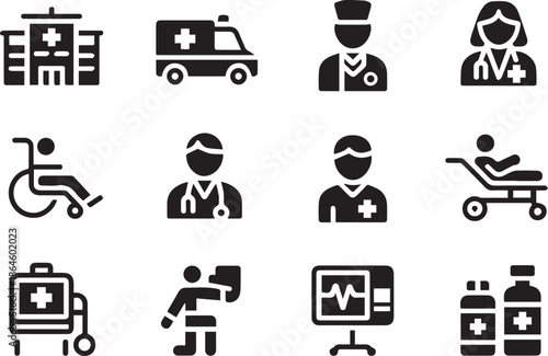 Medical icons set, vector healthcare and hospital symbols collection including doctor, nurse, medicine, first aid, and medical equipment in flat minimalist style isolated on white background