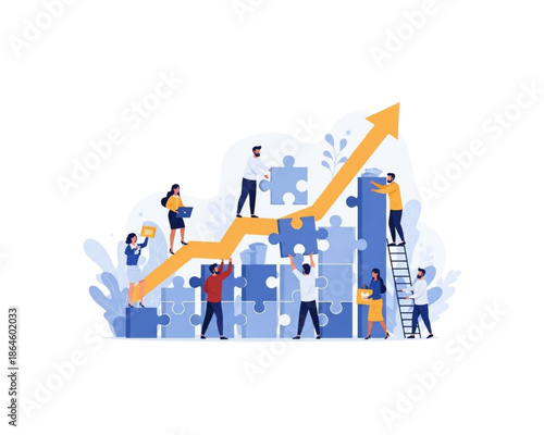 Diverse Business Teamwork Concept Vector: People Building Bar Chart with Puzzle Pieces for Corporate Growth, Strategy, Development, Finance, and Success.