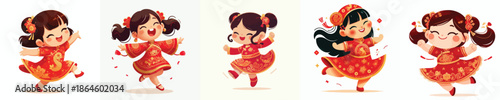 vector of a little girl dancing happily celebrating Chinese New Year