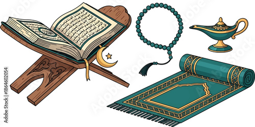 Vector illustration of Ramadan items including a Quran on a wooden stand, prayer mat, rosary, and lantern on a white background.