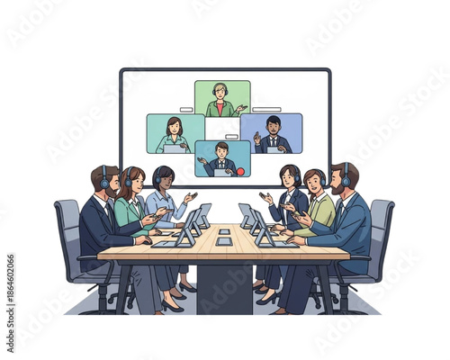 Diverse business team attending hybrid video conference meeting with remote employees on large screen using laptops and headsets for global communication strategy on transparent background.