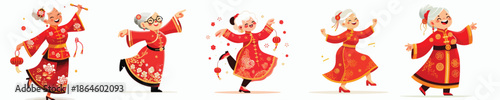 vector of a grandmother dancing happily celebrating Chinese New Year