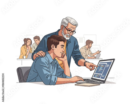 Diverse Business Team Mentoring Vector Illustration, Senior Manager Coaching Young Employee at Laptop, Workplace Training and Knowledge Sharing, Multigenerational Office Collaboration