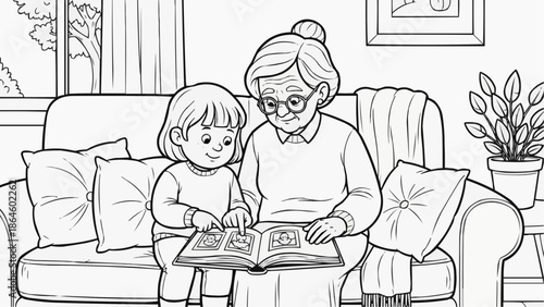 Coloring book for kids - Grandma shows her granddaughter her old photo album