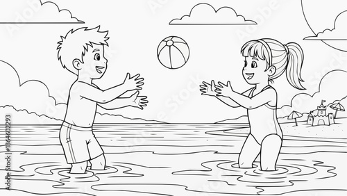 Coloring book for kids - Two children playing with a beach ball in shallow water  