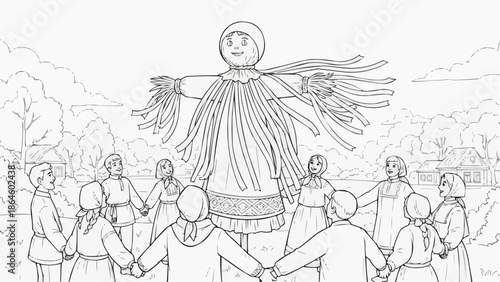 Coloring book for kids - Traditional celebration in spring with people dancing around a doll  