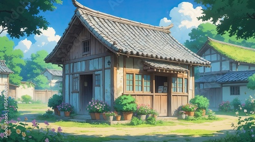 Cozy Anime-Style Old Mushola Surrounded by Lush Garden and Morning Light