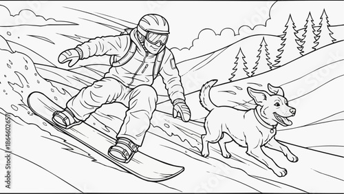 Coloring book for kids - Snowboarder riding on slope with dog running alongside in winter  