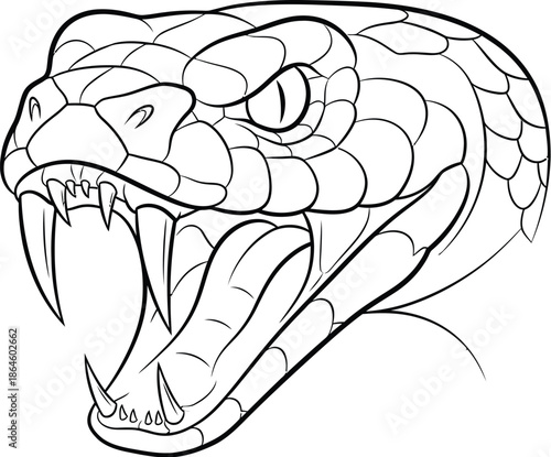 Detailed black and white line art drawing depicting the menacing face of a venomous viper snake with its jaws wide open revealing sharp fangs 