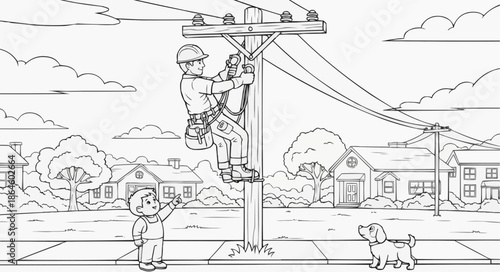 Coloring book for kids - Man climbing utility pole while child watches and dog stands nearby  