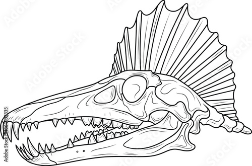 Detailed black and white line art illustration depicting the ferocious skull and distinctive dorsal sail skeleton of a Spinosaurus dinosaur for educational projects.