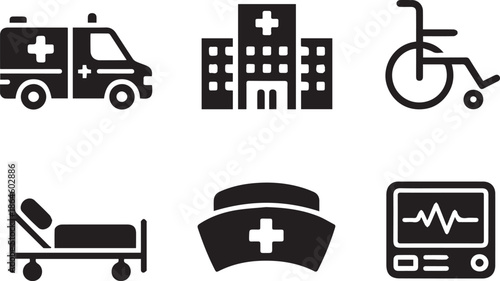 Medical icons set, vector healthcare and hospital symbols collection including doctor, nurse, medicine, diagnostics, first aid, and medical equipment in flat minimalist style isolated on white backgro