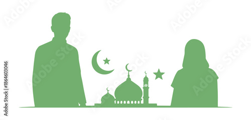 Eid Fitr greeting card design with the green silhouettes of a man and woman
