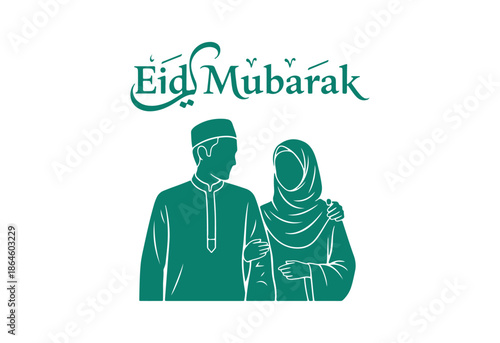 Eid Fitr greeting card vector featuring green silhouettes of a man and a woman
