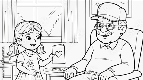Coloring book for kids - The granddaughter gives the grandfather a homemade card with a heart