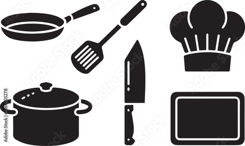 Set of kitchen utensil icons, black and white vector illustration of cooking tools such as spoon, fork, knife, spatula, and whisk isolated on white background