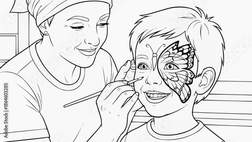 Coloring book for kids - A face-painter is turning a smiling child's cheek into a butterfly wing