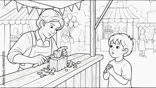 Coloring book for kids - A child admires the carving of a wooden whistle in the market