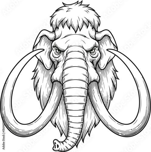 Detailed black and white illustration of a ferocious woolly mammoth head featuring large curved tusks and an intense facial expression suitable for logos or emblems