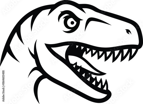 Fierce black and white vector illustration depicting the aggressive head of a roaring tyrannosaurus rex dinosaur mascot in profile view