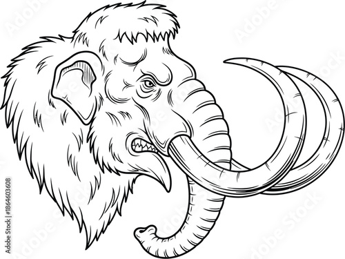 Fierce prehistoric woolly mammoth head showing prominent curved tusks and shaggy fur in a detailed black and white illustration style