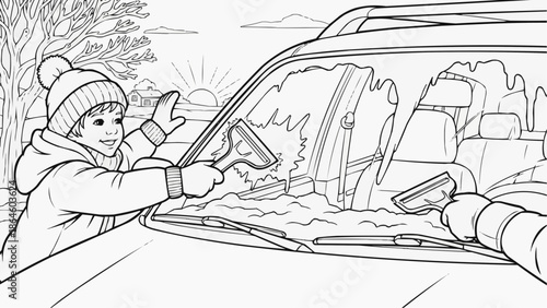 Coloring book for kids - Child scraping ice from car windshield on winter morning  