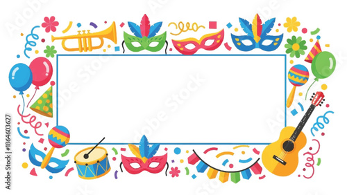 Vibrant Celebration Border with Masks Instruments and Confetti Surrounding a Blank Space