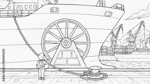 Coloring book for kids - a boy standing in the port examines the ship