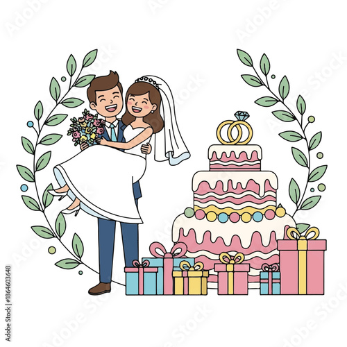 Bride and Groom Celebrating Wedding Day with Cake and Gifts