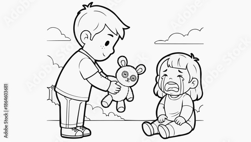Coloring book for kids - Young boy giving teddy bear to crying girl in outdoor scene  